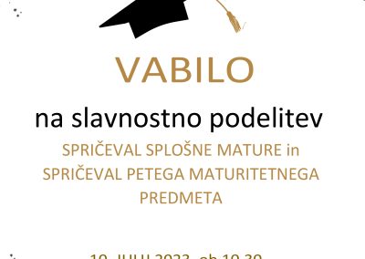 Vabilo na slavnostno podelitev spričeval splošne mature